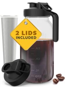 cold brew coffee maker with heavy duty glass body & 2 lids - iced tea machines with stainless steel filter - iced coffee maker - cold brew mason jar pitcher with flip cap lid (64 oz / 2 quart, black)