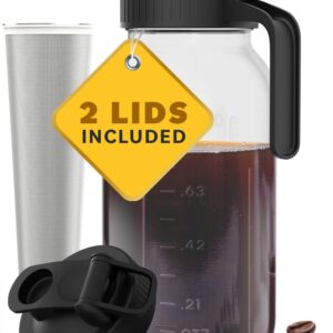 Cold Brew Coffee Maker with Heavy Duty Glass Body & 2 Lids - Iced Tea Machines with Stainless Steel Filter - Iced Coffee Maker - Cold Brew Mason Jar Pitcher with Flip Cap Lid (64 oz / 2 quart, Black)