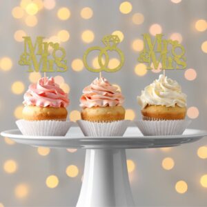 ShuanQ Mr & Mrs Cupcake Topper - Gold Glitter Wedding Cupcake Toppers - Engagement/Bridal Shower/Anniversary Cupcake Picks, 24pcs