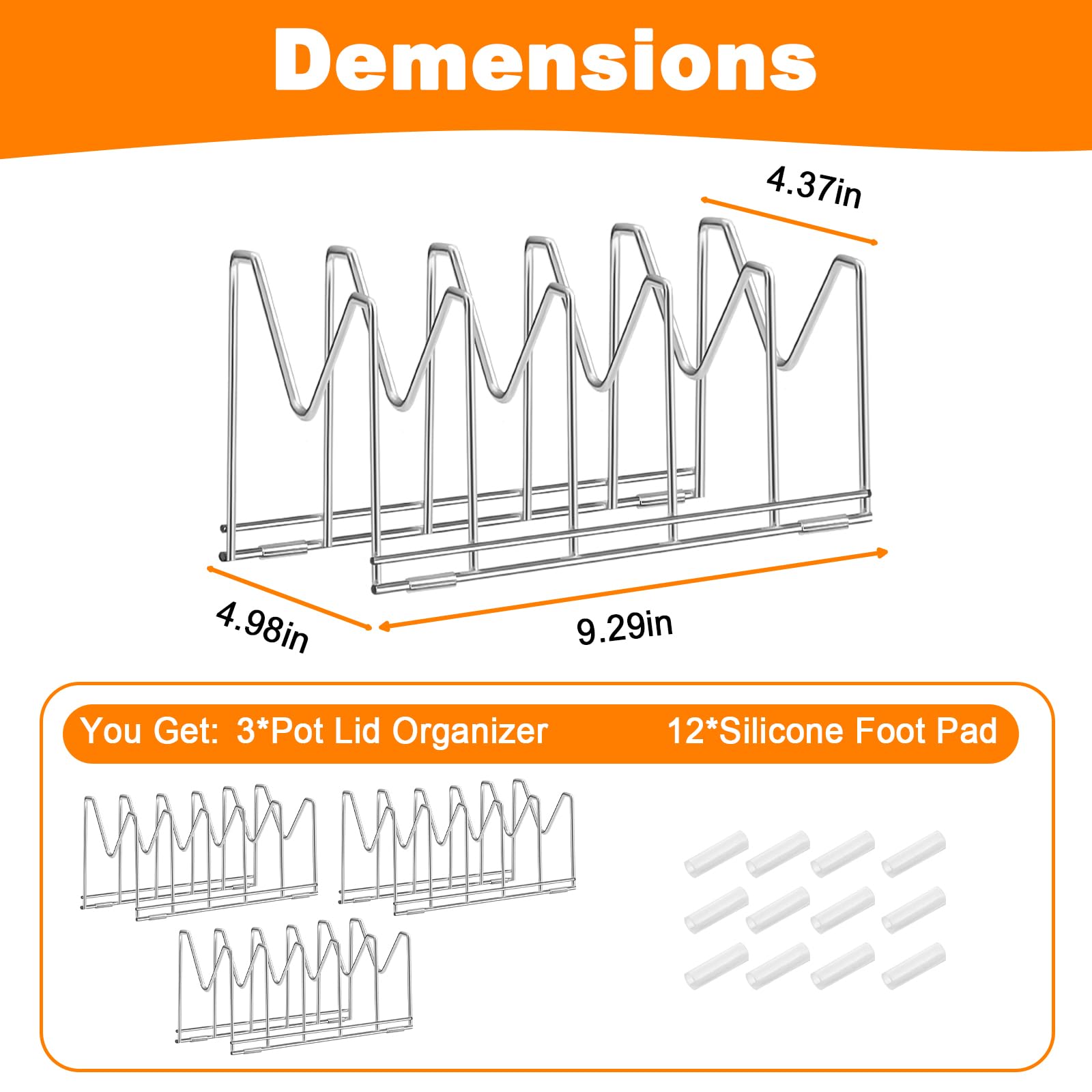 Durmmur 3 Pack Pot Lid Organizer for Cabinet, Stainless Steel Pot Lid Holder with Anti-slip Silicone Mat, Lid Rack for Pans Pots, Bakeware, Plates, Cookie Sheets, Trays, Cutting Boards