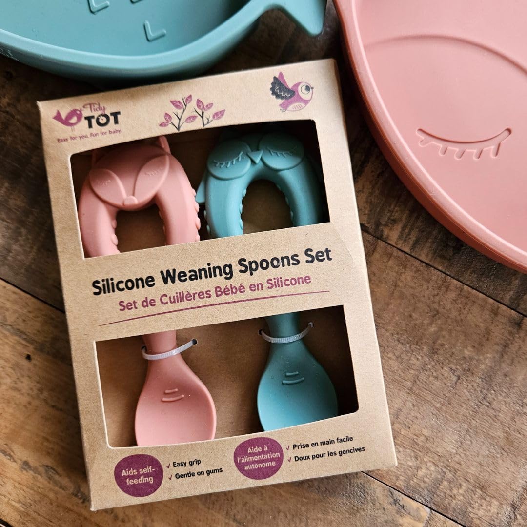 Tidy Tot ®™ Baby Weaning Spoons 2 Pack. Baby Led Weaning Spoon for Self Feeding Babies and Toddler Spoons. Soft Tip Silicone Weaning Spoons. Easy Grip Handle.