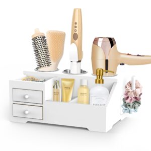 fineclick hair tool organizer, wood hair dryer and styling stand, bathroom countertop blow dryer & flat/curling iron holder with drawers, vanity caddy storage for toiletries, accessories & makeup