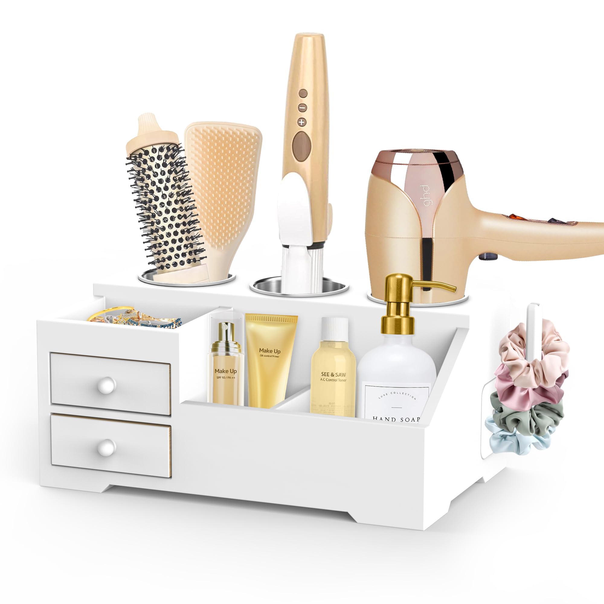 FINECLICK Hair Tool Organizer, Wood Hair Dryer and Styling Stand, Bathroom Countertop Blow Dryer & Flat/Curling Iron Holder with Drawers, Vanity Caddy Storage for Toiletries, Accessories & Makeup