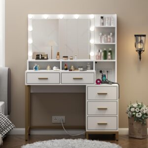 Loomie Vanity Desk with Lighted Mirror & Power Outlet, Makeup Table with 5 Drawers, Two Cubby & Shelf, Vanity Dresser with 11 Lights in 3 Lighting Colors for Bathroom, Bedroom,Makeup Room,White