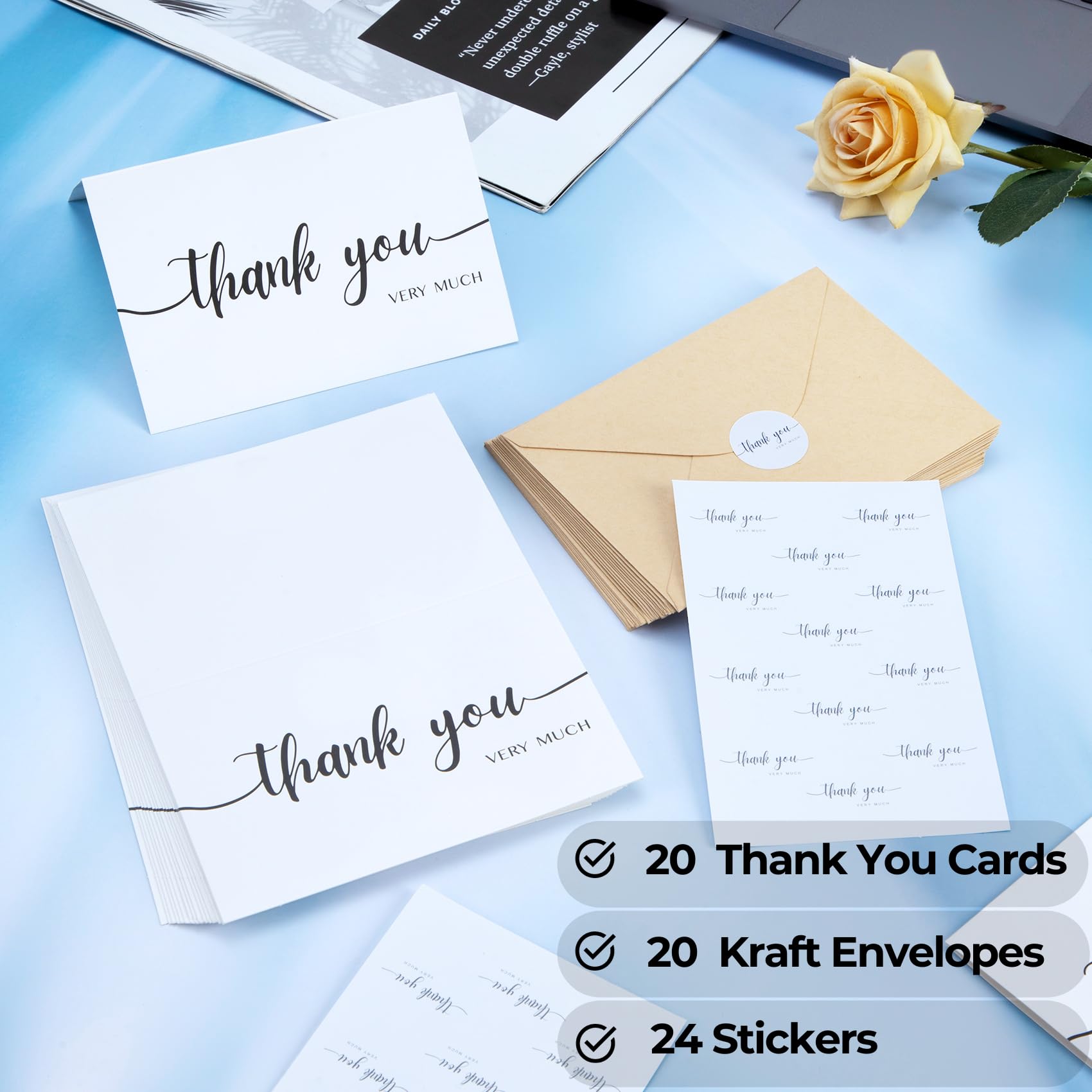 EBEGEE 20 Pack Thank You Cards with Envelopes, Blank 4x6 Inch Thank You Card with Stickers, Premium Thank You Notes, Expressive Gratitude for Weddings, Baby Showers, and Small Business