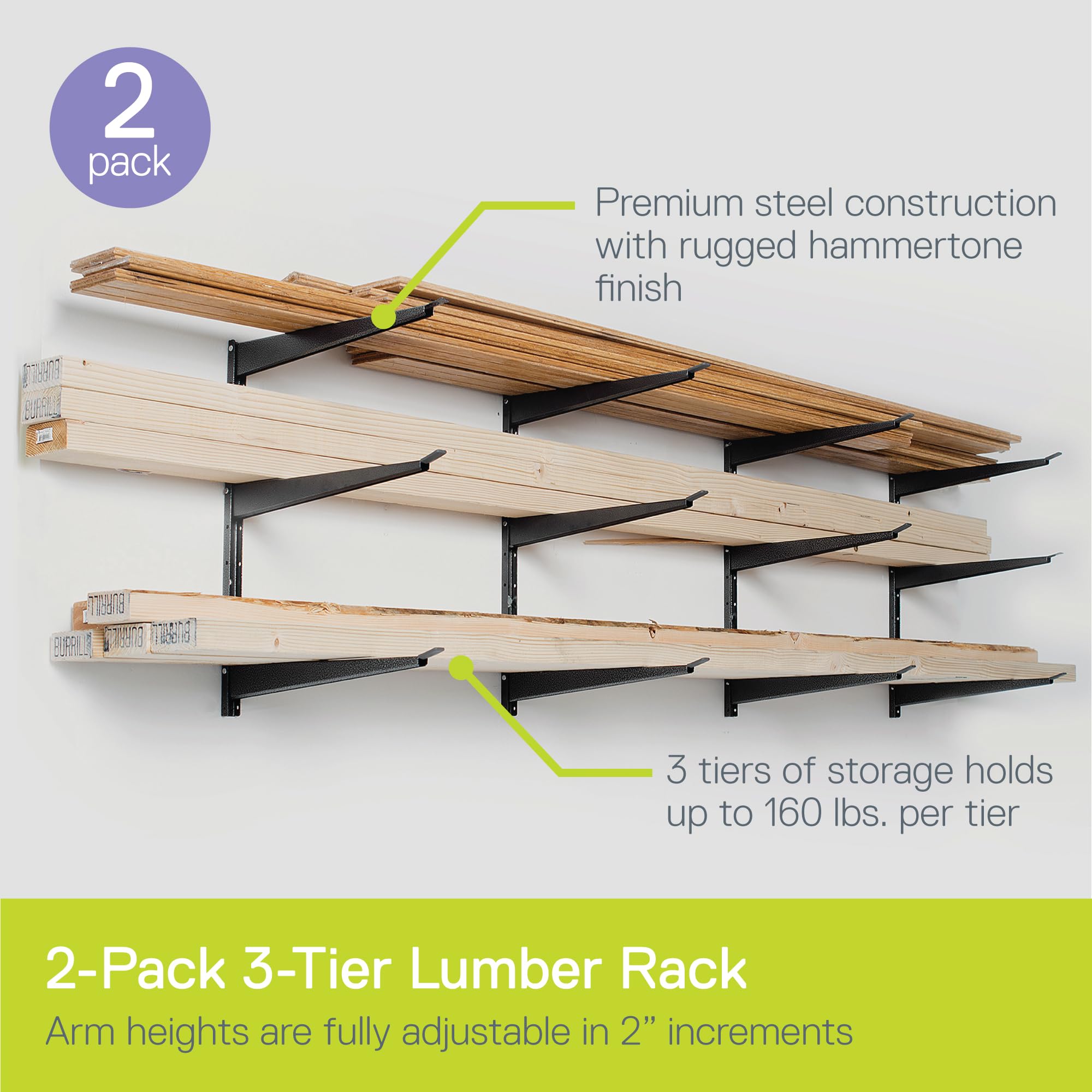 Heavy Duty Wood and Lumber Storage Rack (2-Pack), Holds Up To 960 lbs - Easy to Install Mounted Rack - Steel Construction Storage Solution For Garage, Basement & Pantry by Delta Cycle