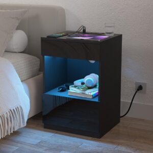 HOMMPA Open Shelf LED Nightstand with Charging Station 2 Drawers Bedside Table Black Night Stand with Storage Smart Nightstands High Gloss Night Table with Led Light for Bedroom Furniture