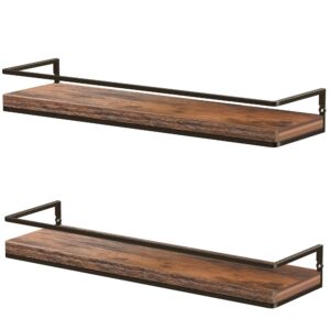 Meangood Floating Shelves Wall Mounted Set of 2, Rustic Wood Wall Storage Shelves for Bedroom,Living Room,Bathroom, Kitchen Rustic Brown