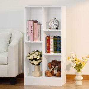 yaharbo 5 cube white bookshelf,small modern horizontal bookcase,wood floor standing low bookshelves display storage cabinet with base, short book shelf open organizer for bedroom,living room,office