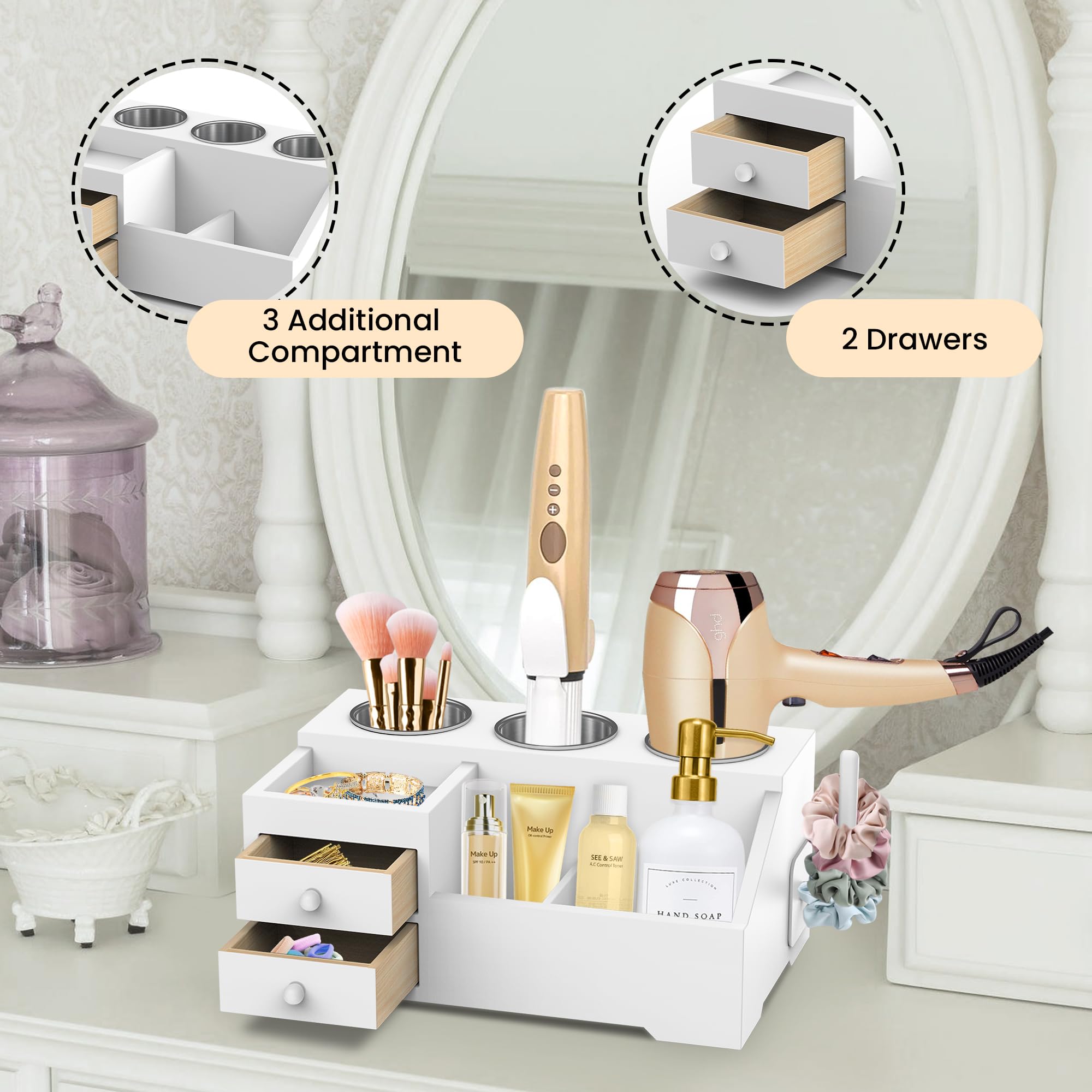 FINECLICK Hair Tool Organizer, Wood Hair Dryer and Styling Stand, Bathroom Countertop Blow Dryer & Flat/Curling Iron Holder with Drawers, Vanity Caddy Storage for Toiletries, Accessories & Makeup