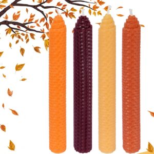 DEYBBY 8" Hand-Rolled Beeswax Taper Candles 4 Pack Cone Top,Pure Natural Honeycomb Bee Wax Candle,4Hour Burn Time(Yellow Orange Brown Fall)