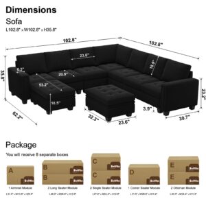 Belffin Oversized Velvet Modular 8-Seat Sectional Sofa Set with Storage Ottoman U Shaped Couch Set Modular Sectional Convertible Sofa Couch with Reversible Chaise Corner Sofa Couch Set Black