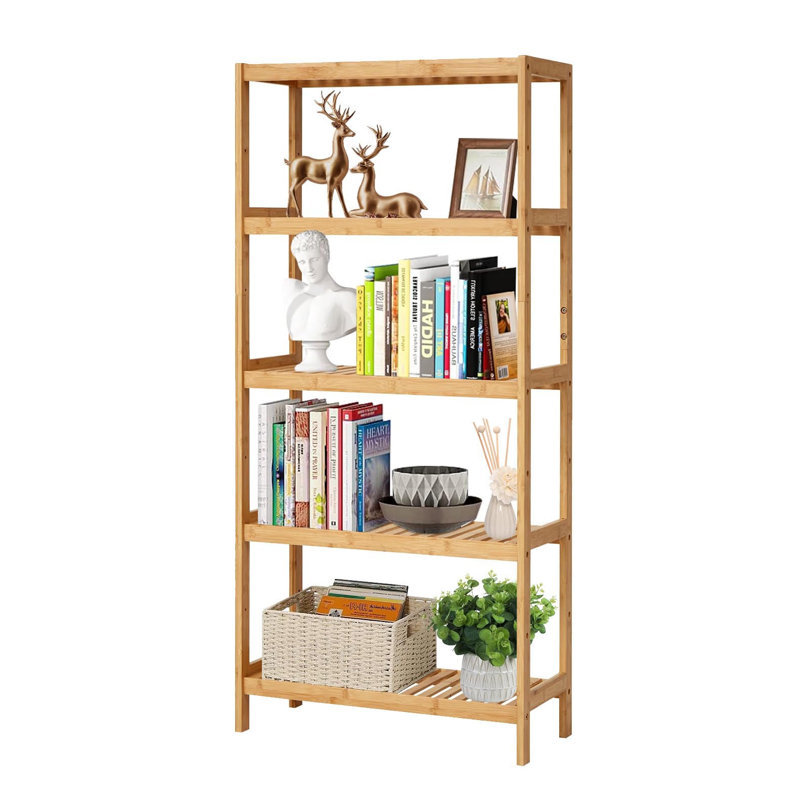 Kinfant 5-Tier Bamboo Bathroom Shelf - Bamboo Bookcase Storage Shelving, Tall Book Rack Shelving Unit, Multifunctional Adjustable Display Rack for Home Office Bathroom Kitchen Living Room