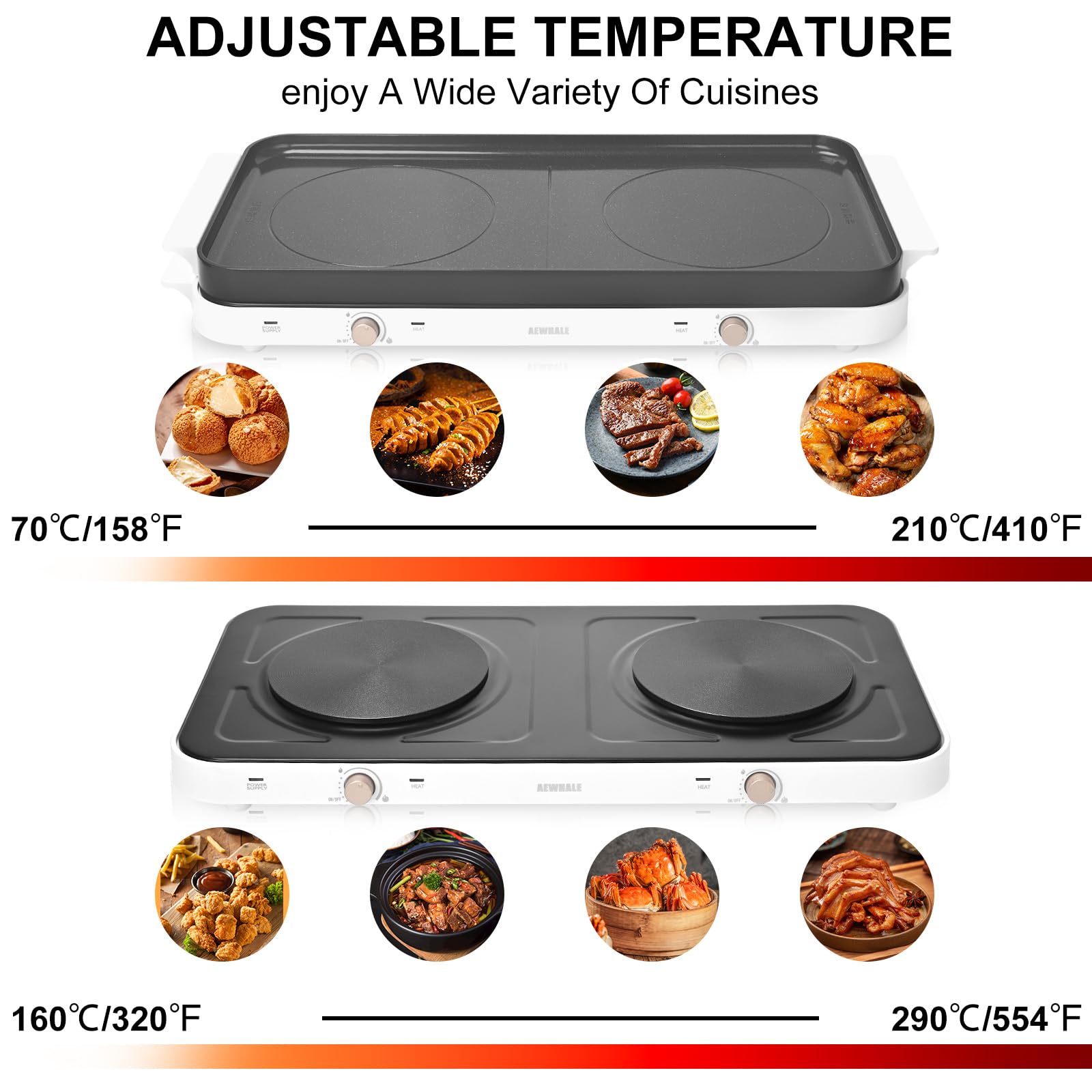 AEWHALE 2-in-1 Electric Griddle & Countertop Burner,2 Cooking Zone with Adjustable Temperature,1800W Electric Hot Plate with Removable Griddle Pan Non-stick