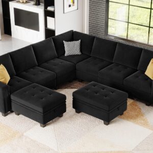 Belffin Oversized Velvet Modular 8-Seat Sectional Sofa Set with Storage Ottoman U Shaped Couch Set Modular Sectional Convertible Sofa Couch with Reversible Chaise Corner Sofa Couch Set Black