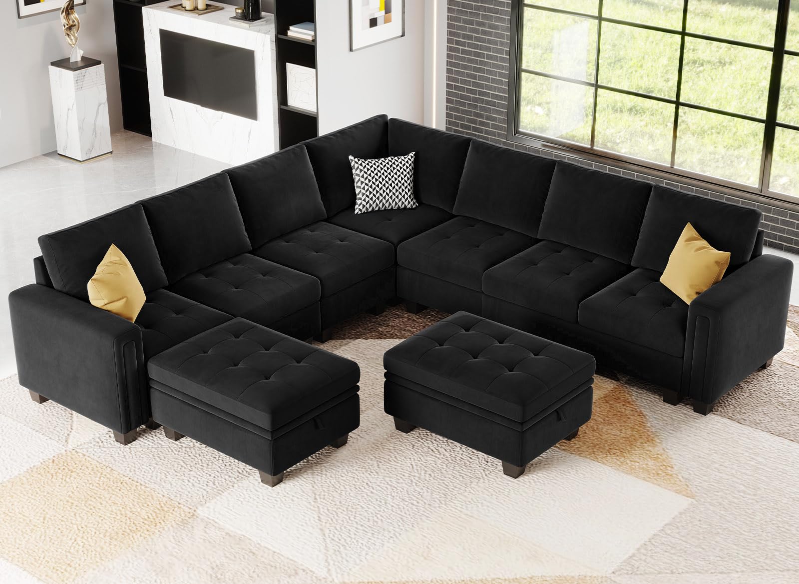 Belffin Oversized Velvet Modular 8-Seat Sectional Sofa Set with Storage Ottoman U Shaped Couch Set Modular Sectional Convertible Sofa Couch with Reversible Chaise Corner Sofa Couch Set Black