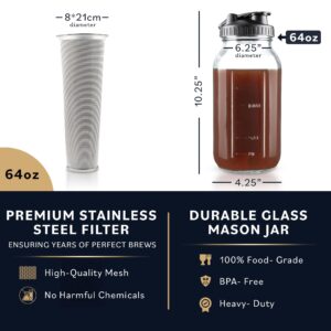 Cold Brew Coffee Maker with Heavy Duty Glass Body & 2 Lids - Iced Tea Machines with Stainless Steel Filter - Iced Coffee Maker - Cold Brew Mason Jar Pitcher with Flip Cap Lid (64 oz / 2 quart, Black)