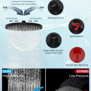 Hibbent Self-cleaning Shower Head, 10'' High Pressure Rainfall Shower Head, Showerhead Combo/Handheld Shower Head, 12'' Adjustable Curved Shower Extension Arm, 71'' Hose, 2 Shower Holders, Matte Black