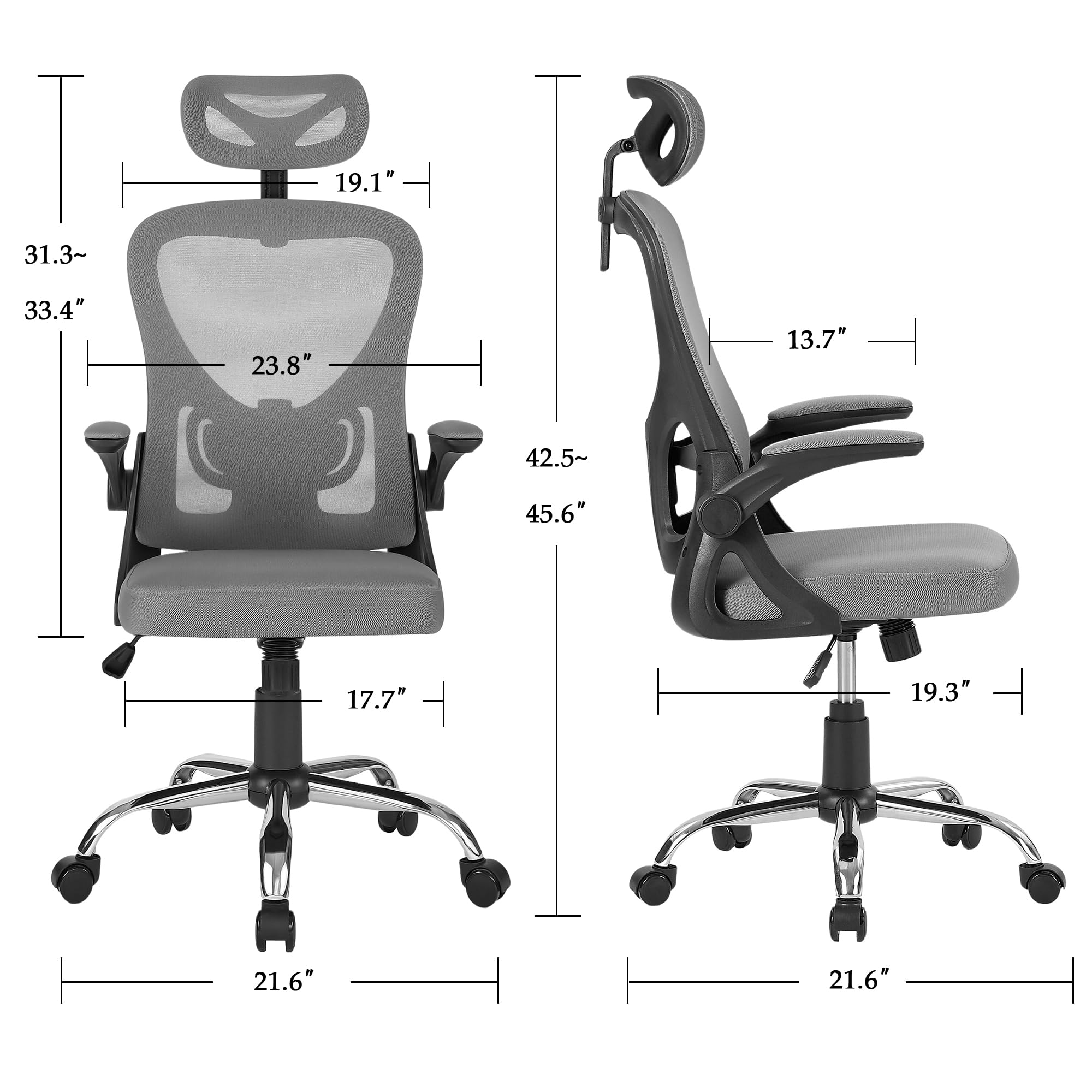 VECELO High Back Ergonomic Office Chair with Adjustable Headrest Armrest, Mesh Lumbar Support, Swivel Wheels for Home Study Work, Gray