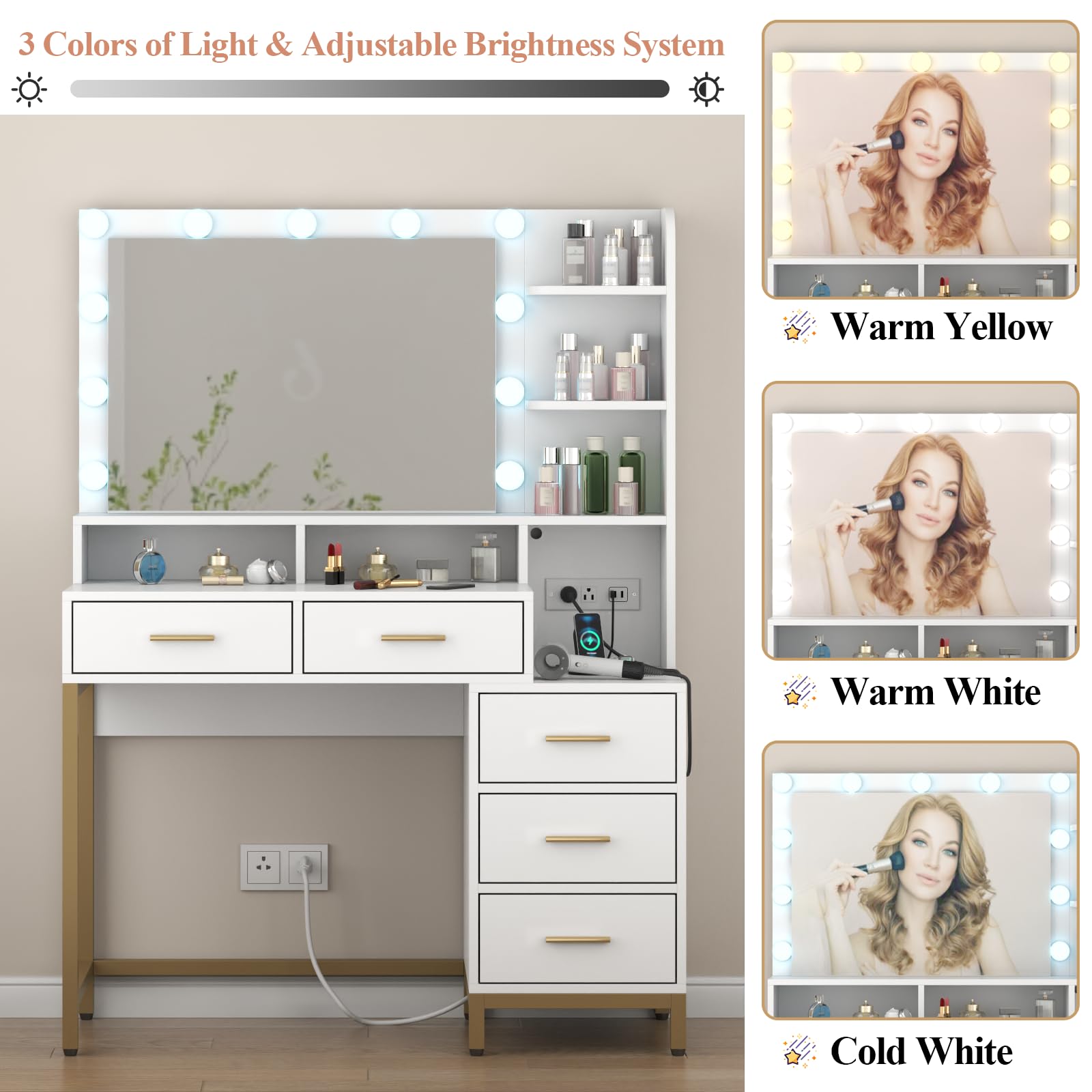 Loomie Vanity Desk with Lighted Mirror & Power Outlet, Makeup Table with 5 Drawers, Two Cubby & Shelf, Vanity Dresser with 11 Lights in 3 Lighting Colors for Bathroom, Bedroom,Makeup Room,White