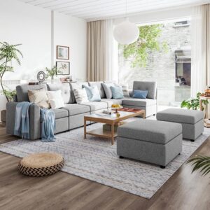 LINSY HOME Oversized Modular Sectional Sofa, Rubik III 6 Seats with 2 Ottomans Convertible U Shaped Sectional Sleeper Sofa with Storage, All Covers Changeable Washable, Grey