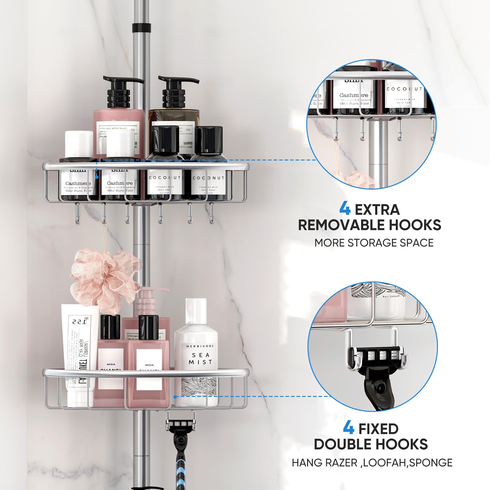 ATKEEN Corner Shower Caddy Tension Pole: Rustproof Shower Organizer with 4 Tier Adjustable Shelves for Bathroom Bathtub Shampoo Storage Holder-Floor Standing Bath Rack