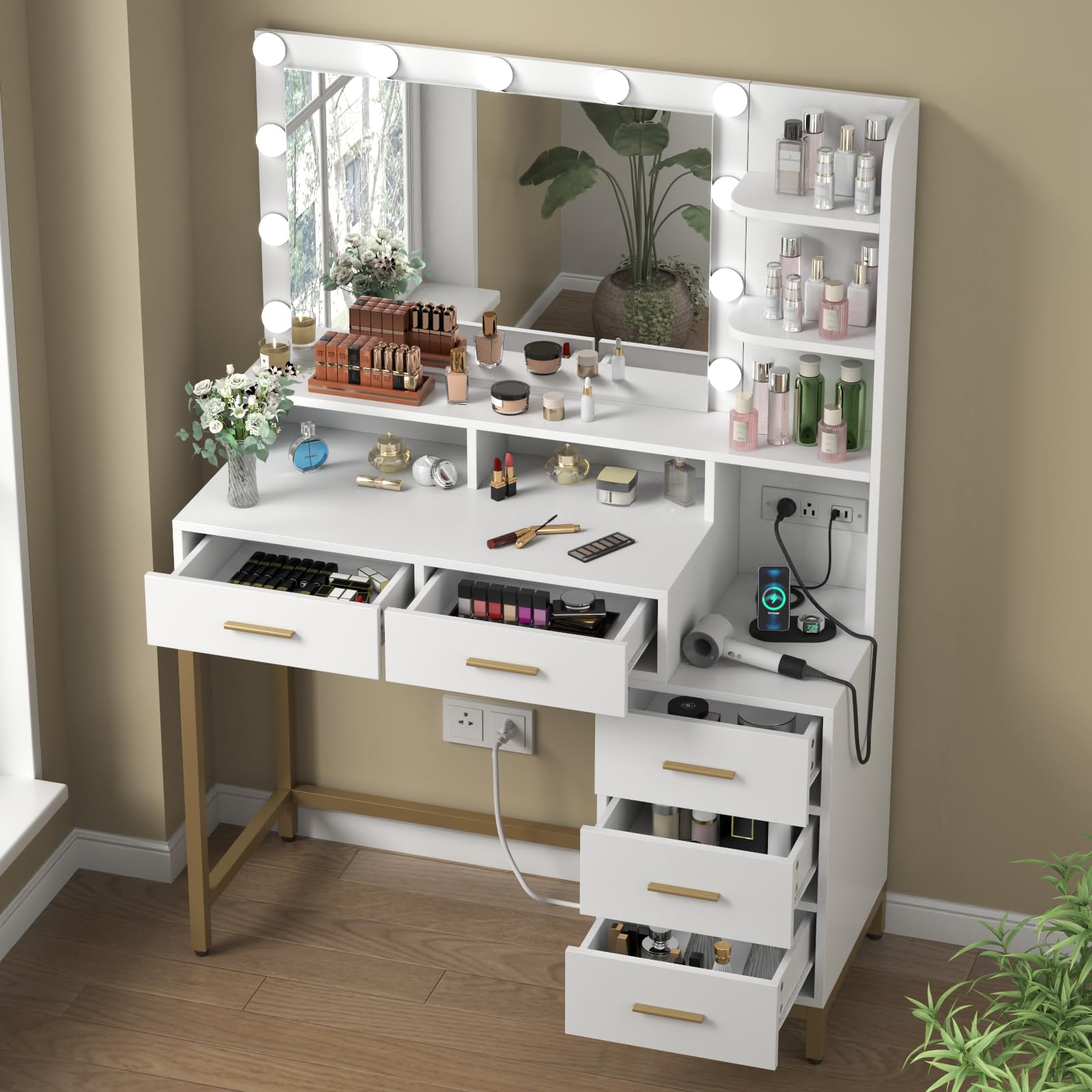 Loomie Vanity Desk with Lighted Mirror & Power Outlet, Makeup Table with 5 Drawers, Two Cubby & Shelf, Vanity Dresser with 11 Lights in 3 Lighting Colors for Bathroom, Bedroom,Makeup Room,White