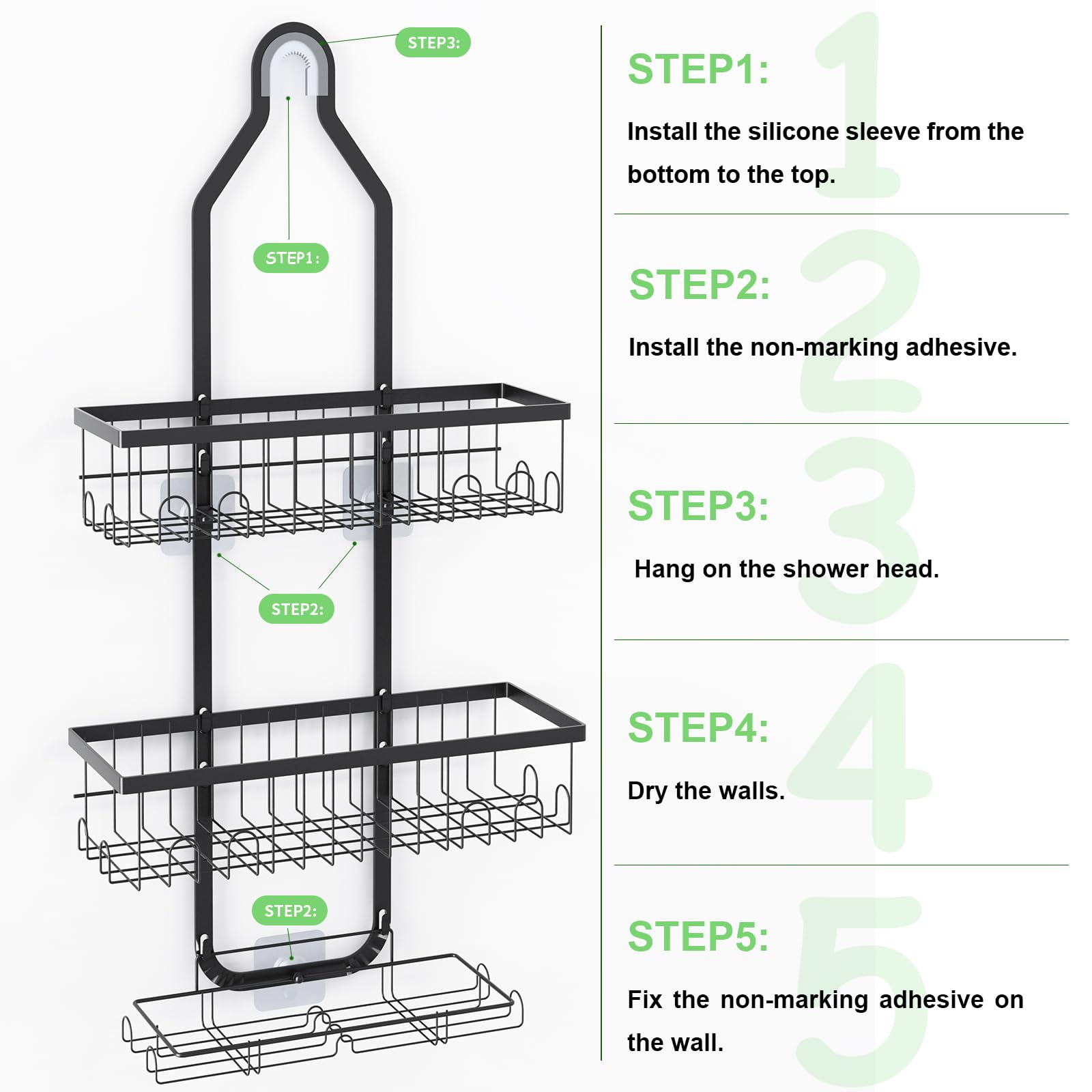 Fixwal Shower Caddy Hanging Over Shower Head, Height Adjustable Bathroom Black Rustproof Shower Organizer Hanging Shelf Storage with 2 Soap Holders, Hooks for Towels, Sponge, Razor