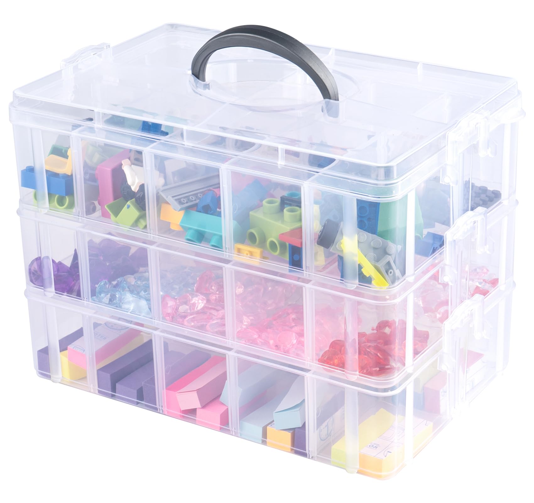 Anstore Storage Box with Compartments, Reinforced 3-Tier Clear Plastic Craft Storage Box with Lids, Practical Sorting Box for Crafts, Jewelry, Toy building blocks(Medium)