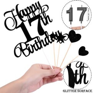 17th Birthday Cake Decorations Set Include 17th Birthday Candles Numeral 17 Cake Candles and Happy 17th Birthday Cake Toppers with Heart Star Cupcake Picks for Birthday Party (Black Series)