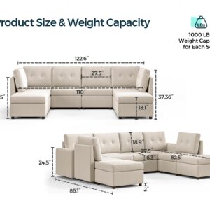 LINSY HOME Oversized Modular Sectional Sofa, Rubik III 6 Seats with 2 Ottomans Convertible U Shaped Sectional Sleeper Sofa with Storage, All Covers Changeable Washable, Grey