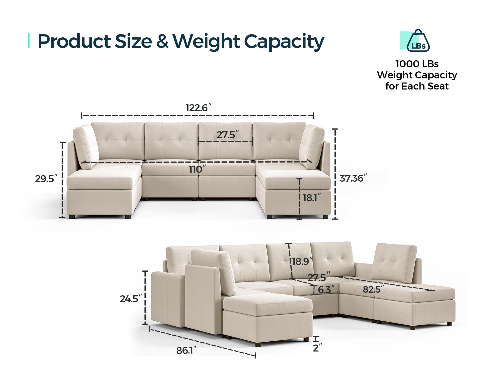 LINSY HOME Oversized Modular Sectional Sofa, Rubik III 6 Seats with 2 Ottomans Convertible U Shaped Sectional Sleeper Sofa with Storage, All Covers Changeable Washable, Grey