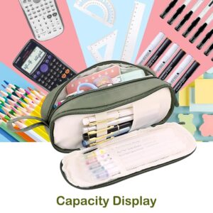 iSuperb 2 Compartments Pencil Case Zippered Pencil Pouch With Handle Big Large Capaciy Aesthetic Organizer Canvas & Nylon Pen Bag Handbag for Travel Office Stationary (Green)