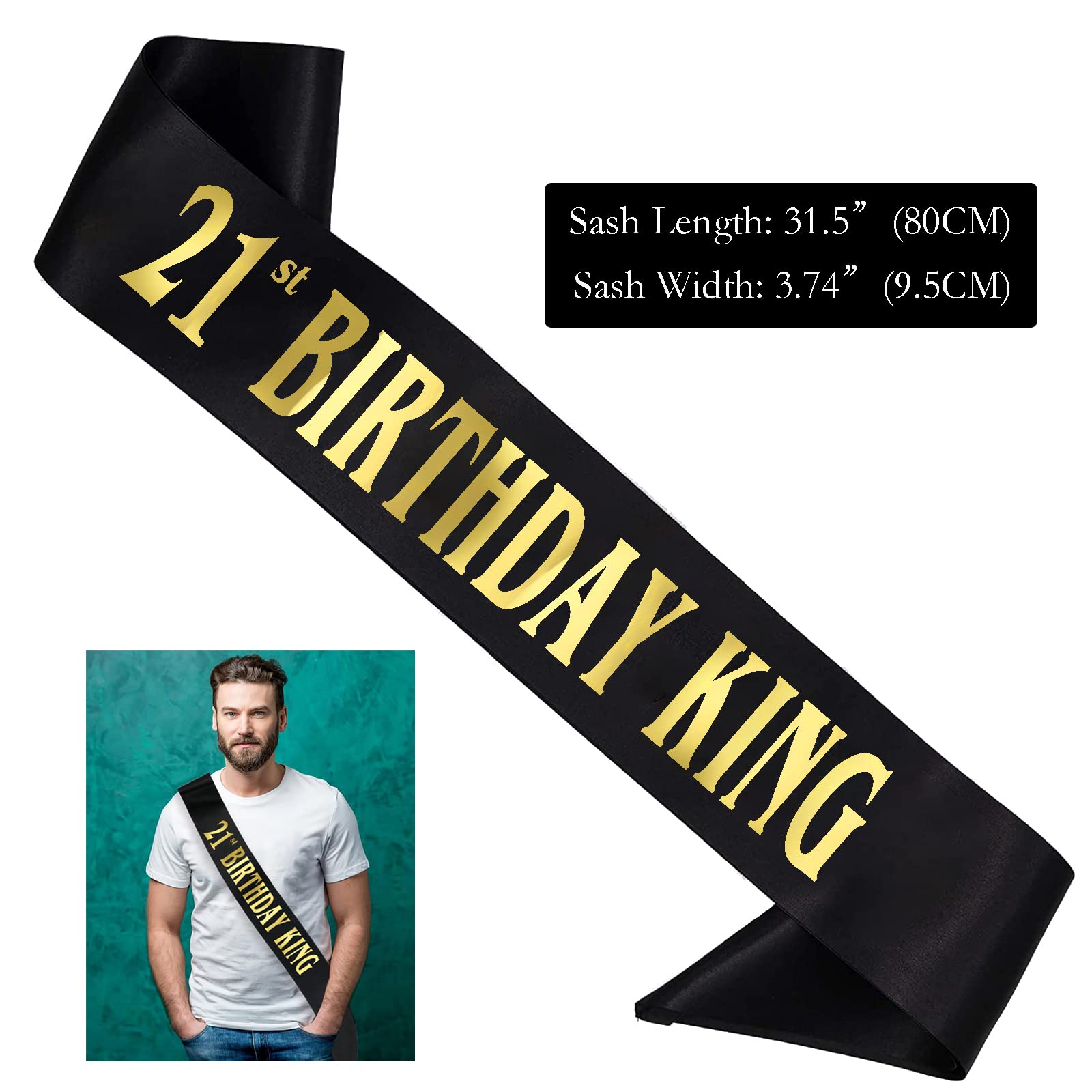 21st Birthday King Sash, Gold Foil Black Satin Birthday Sash for Men 21st Fabulous Birthday Party Gift Decorations Favors