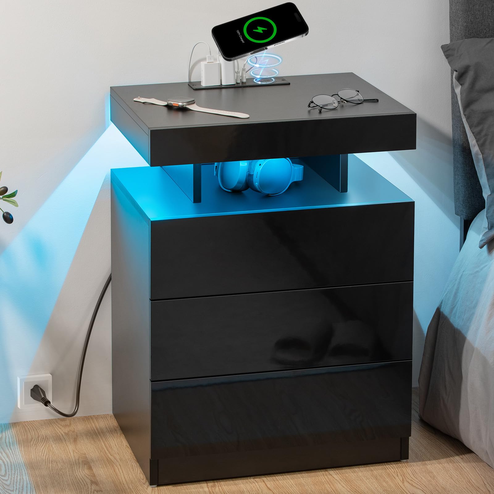 HOMMPA LED Nightstand with Wireless Charging Station & USB Ports, 3 Drawer Night Stand with LED Light RGB Adjustable Brightness, Smart Nightstand High Gloss Bedside Table for Bedroom Black