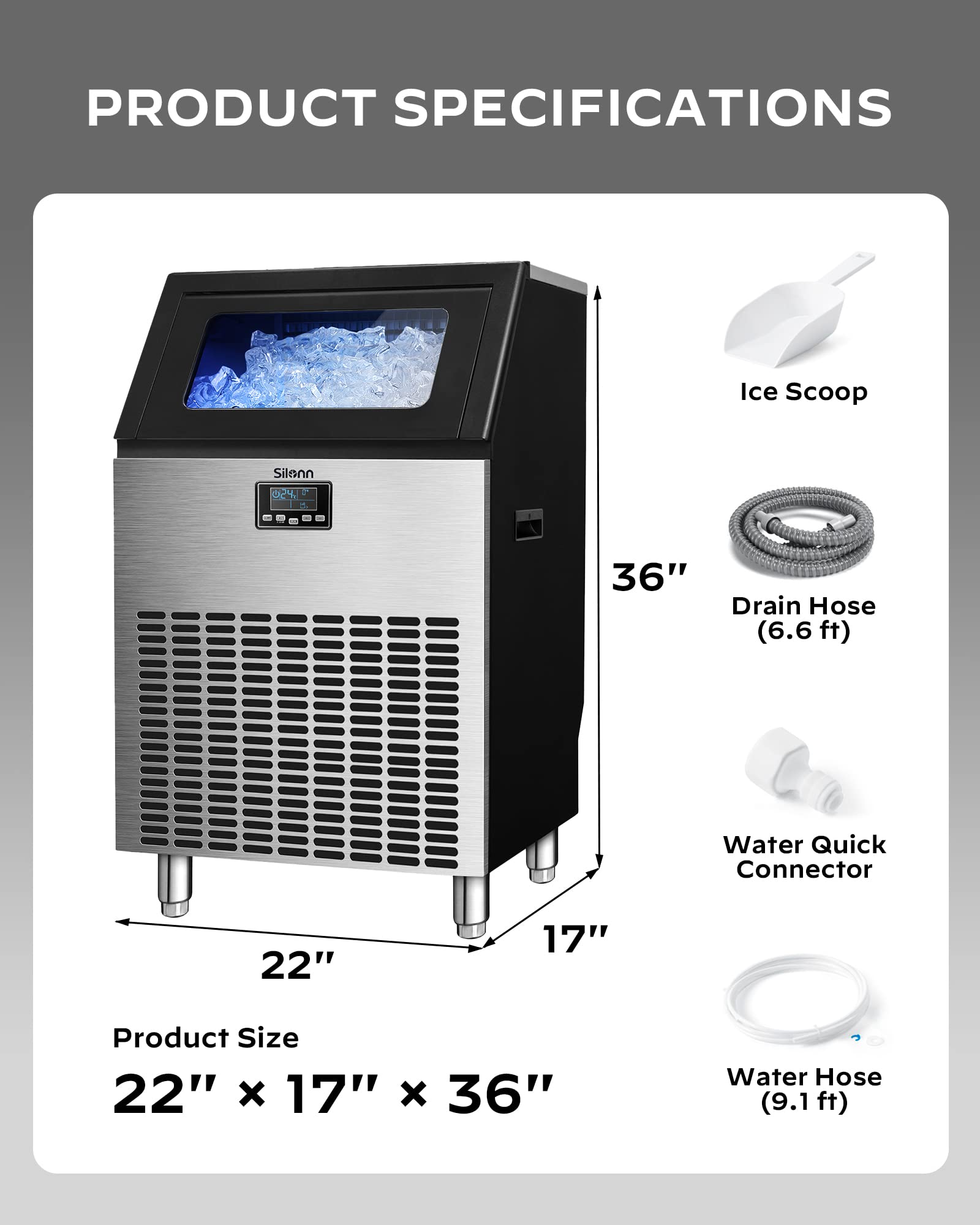 Silonn Commercial Ice Maker, Creates 200lbs in 24H, 48lbs Ice Storage Capacity, Stainless Steel Freestanding Ice Maker Machine with Auto Self-Cleaning for Home Office Bar Parties (SLIM13T)