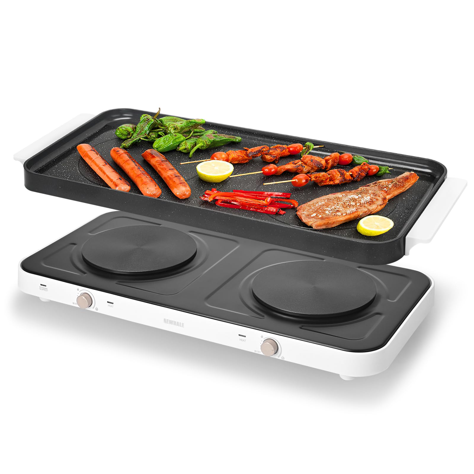 AEWHALE 2-in-1 Electric Griddle & Countertop Burner,2 Cooking Zone with Adjustable Temperature,1800W Electric Hot Plate with Removable Griddle Pan Non-stick