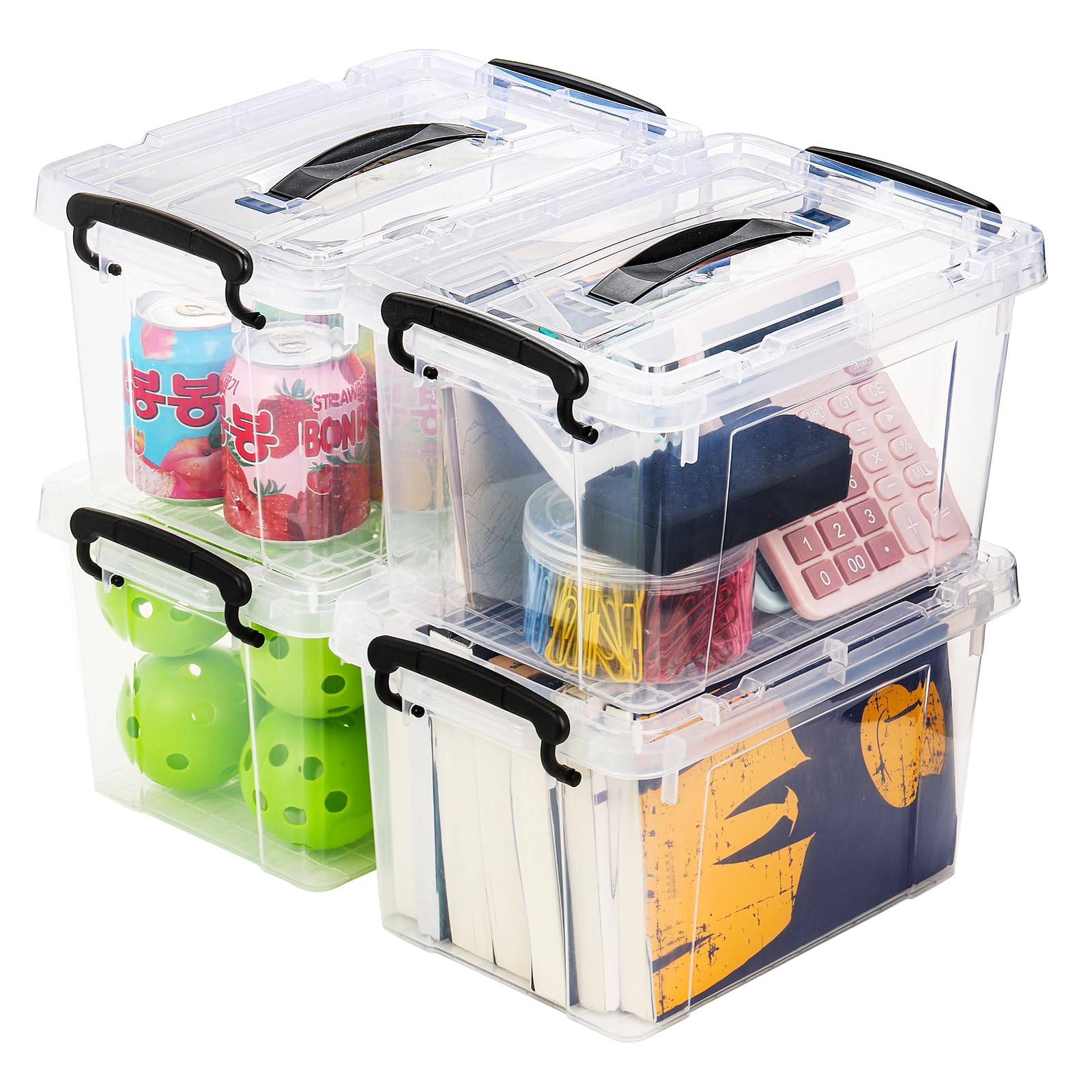 Nicunom 4 Pack 6 Quart Clear Storage Latch Box, Plastic Storage Bins with Lids, Latching Box with Handle, Stackable Storage Containers for Organizing