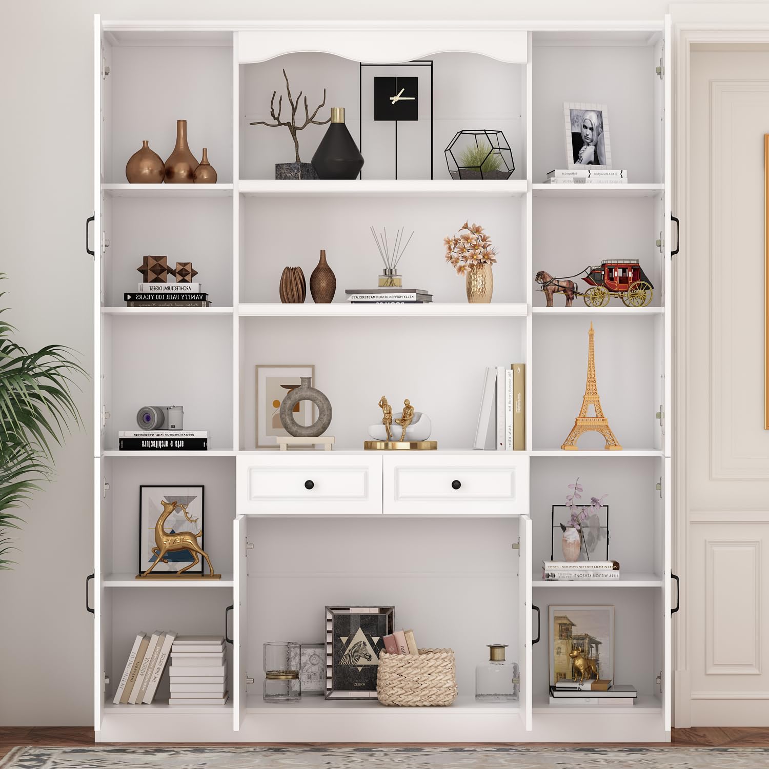 Homsee Tall Bookcase Bookshelf with Shelves, Drawers & 2 Carved Glass Doors, Wooden Display Storage Cabinet with 14 Compartments for Home Office, Living Room, White (63" W x 15.7”D x 78.7”H)