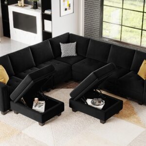 Belffin Oversized Velvet Modular 8-Seat Sectional Sofa Set with Storage Ottoman U Shaped Couch Set Modular Sectional Convertible Sofa Couch with Reversible Chaise Corner Sofa Couch Set Black