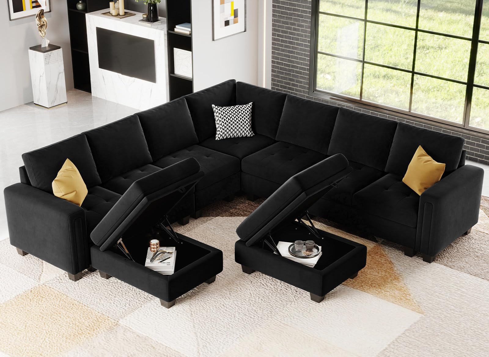 Belffin Oversized Velvet Modular 8-Seat Sectional Sofa Set with Storage Ottoman U Shaped Couch Set Modular Sectional Convertible Sofa Couch with Reversible Chaise Corner Sofa Couch Set Black