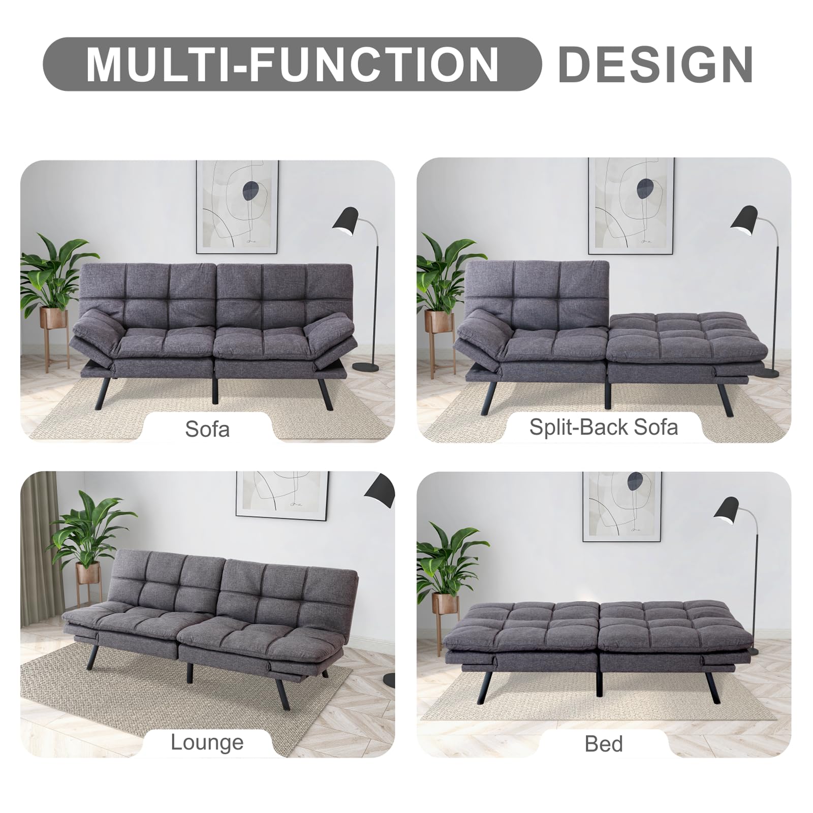 MUUEGM Futon Sofa Bed,Memory Foam Convertible Sleeper Sofa Couch,Modern Futon Couch Daybed Love Seat for Living Room Small Space Apartment Office,Adjustable Armrest Backrest,Linen Fabric,Grey