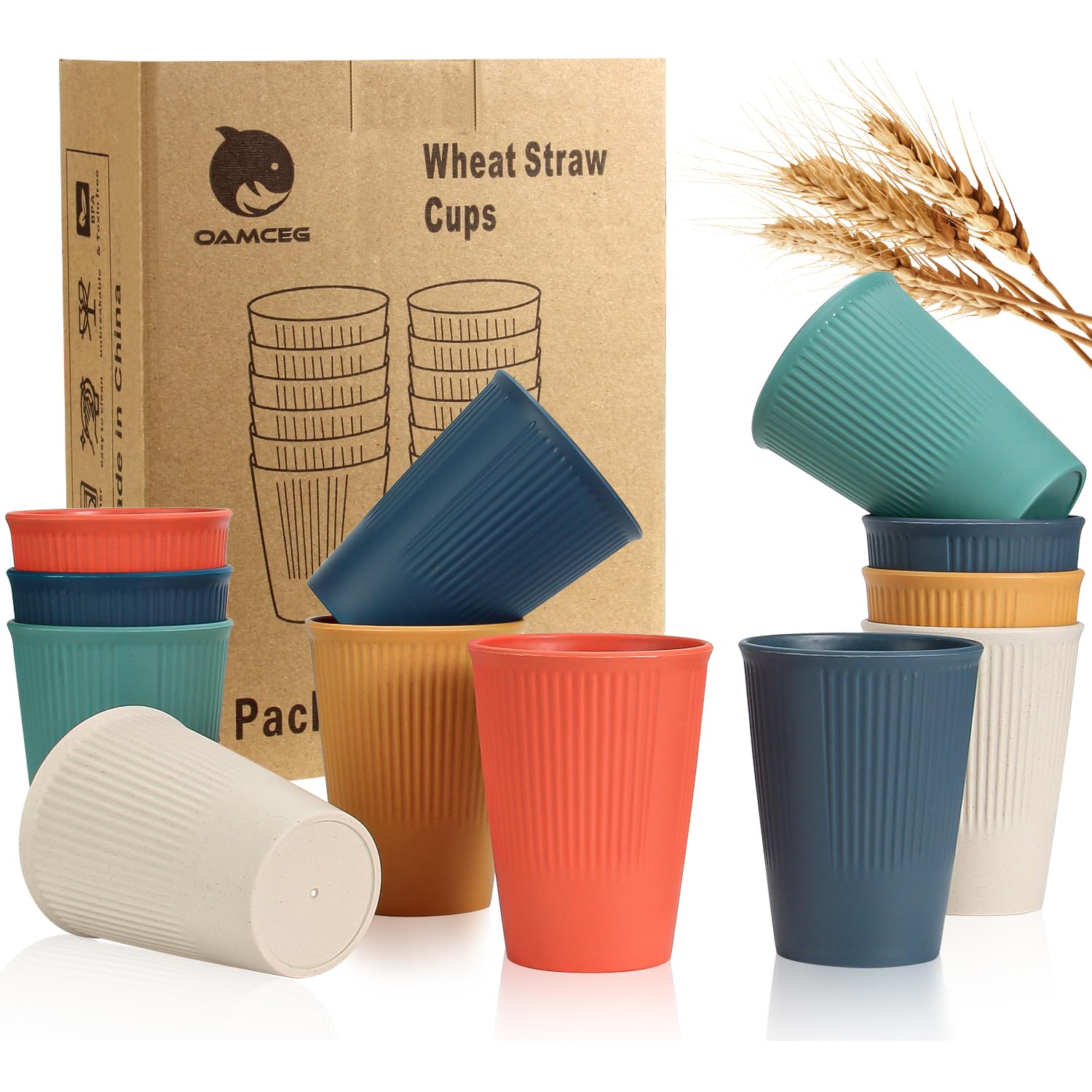 OAMCEG 12 PCS Wheat Straw Cups - 12 OZ Plastic Cups Set Unbreakable Drinking Cups Dishwasher Safe, Reusable Stackable Tumbler Cups Set, Wheat Cups for Kitchen, Camping, BPA Free Cups, Colorful