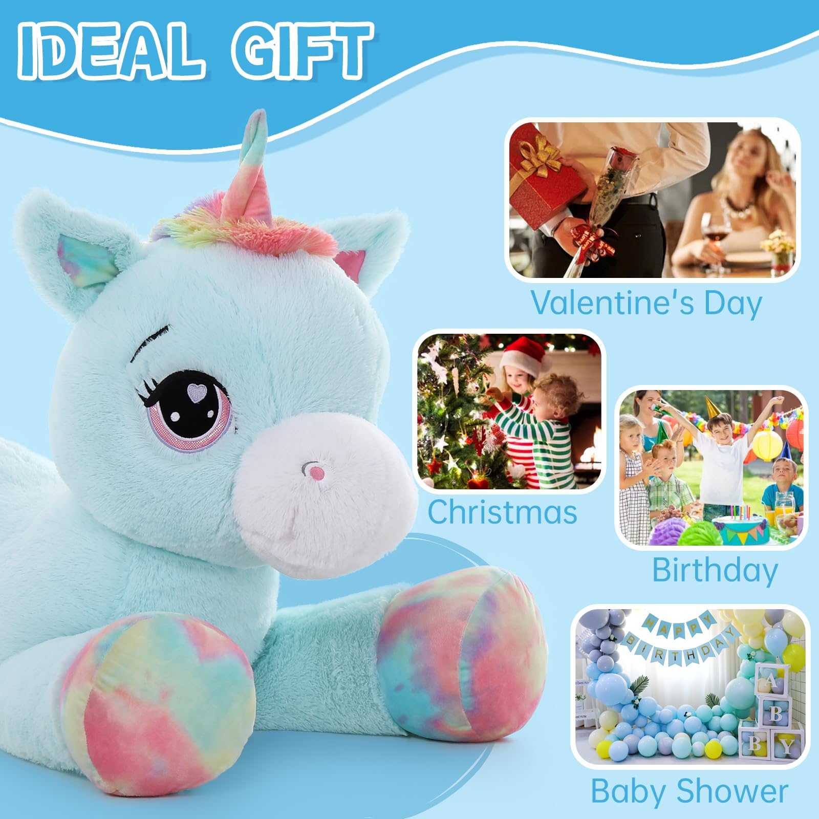 Muiteiur 43inch Large Unicorn Stuffed Animal, 5.4lbs Giant Unicorn Plush Hugging Pillow, Big Fat Blue Stuffed Unicorn Plush Toy Gift for Girls Boys