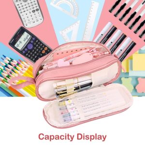 iSuperb 2 Compartments Pencil Case Zippered Pencil Pouch With Handle Big Large Capaciy Aesthetic Organizer Canvas & Nylon Pen Bag Handbag for Travel Office Stationary (Pink)