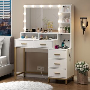 loomie vanity desk with lighted mirror & power outlet, makeup table with 5 drawers, two cubby & shelf, vanity dresser with 11 lights in 3 lighting colors for bathroom, bedroom,makeup room,white