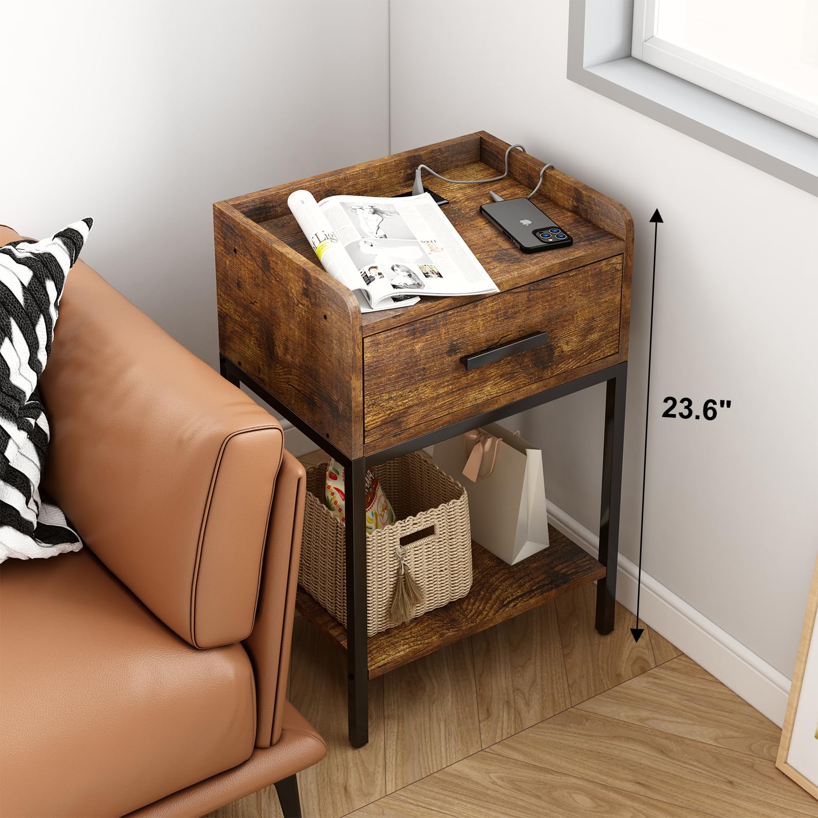 Fixwal Nightstand with Charging Station, Bedside Table with USB Ports and Outlets for Bed, 3-Tier End Table with Drawer Storage for Living Room Bedroom, Rustic Brown