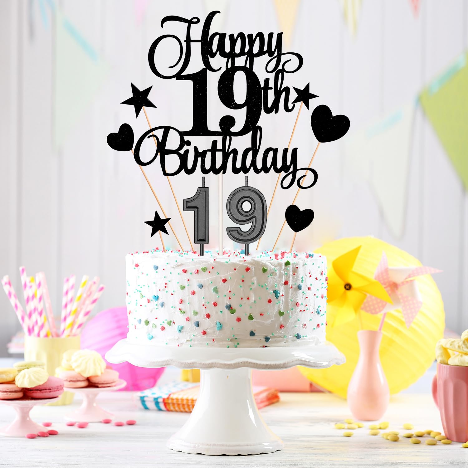 19th Birthday Cake Decorations Set Include 19th Birthday Candles Numeral 19 Cake Candles and Happy 19th Birthday Cake Toppers with Heart Star Cupcake Picks for Birthday Party (Black Series)