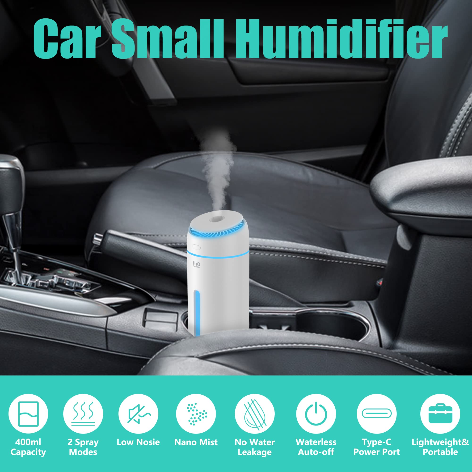 HOFULK Small Humidifiers for Bedroom Nightstand Room 400ML USB Humidifer Plant Cool Mist Humidifier Easy Clean Travel Mini Portable Personal Desk Car Quiet Auto Shut-off Air Humidifier with Led Lights