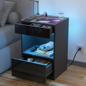 hommpa open shelf led nightstand with charging station 2 drawers bedside table black night stand with storage smart nightstands high gloss night table with led light for bedroom furniture